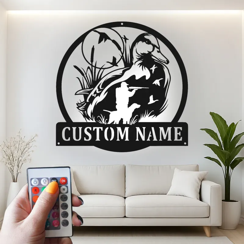 Insegna in metallo personalizzata con luce LED caccia anatre regalo per cacciatori decorazione per man cave o baita 1
