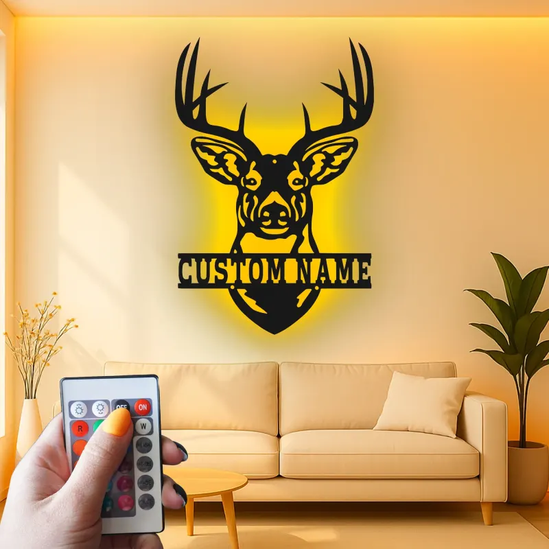 Décoration murale en métal personnalisée avec tête de cerf, rétroéclairage LED, cadeau pour chasseurs, décoration de lodge rustique