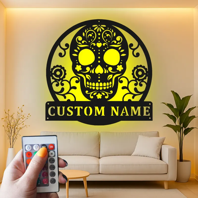Custom Sugar Skull Metal Sign | Personalized LED Wall Art | Day of the Dead Decor | Gothic Home & Studio Accent Gift