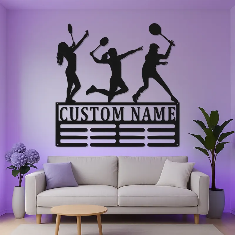 Porte-médailles personnalisé tennis | Décoration murale LED pour joueuse | Déco métal sport pour coach ou chambre d’équipe