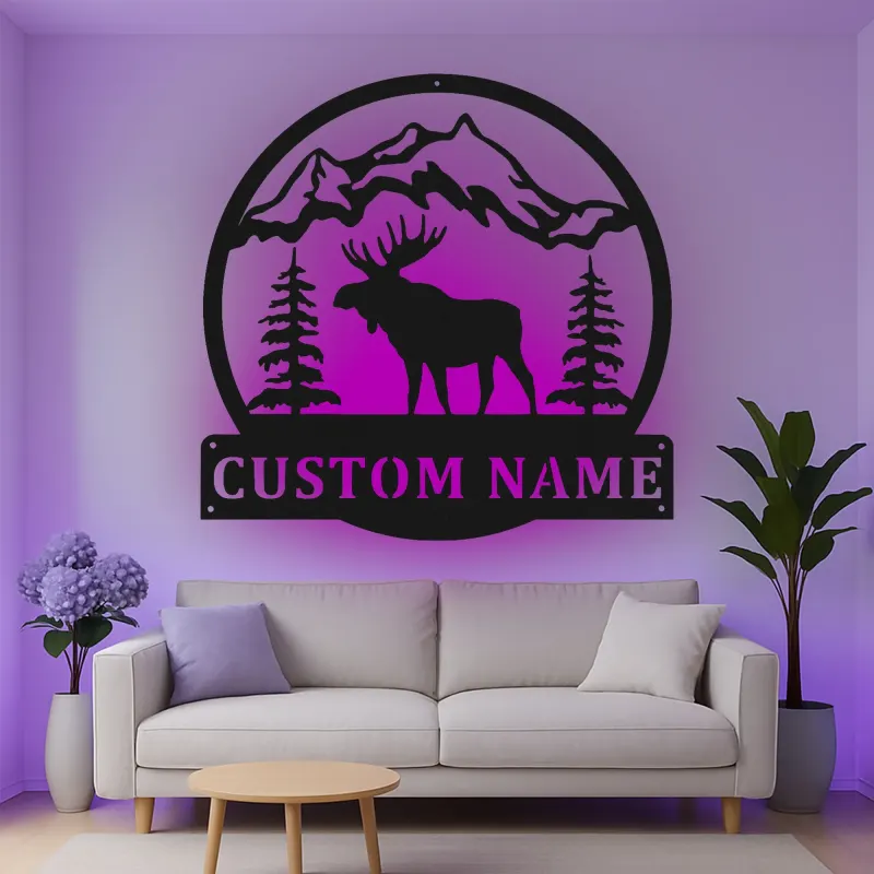 Cartel de metal LED con alce y montaña, regalo personalizado para amantes de la naturaleza, decoración de cabaña