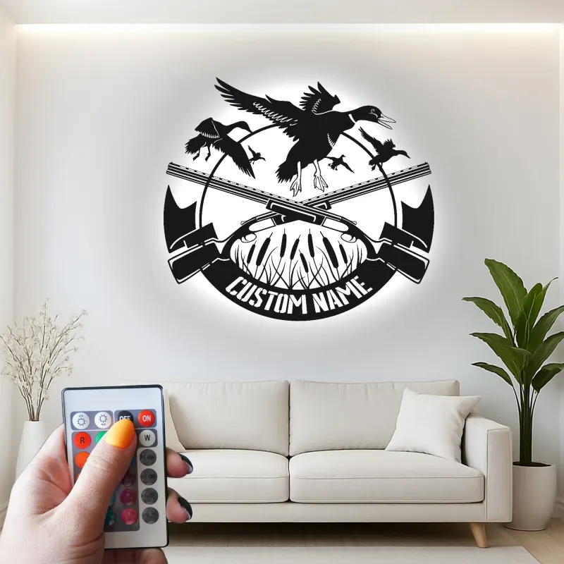 Personalisierte LED-Metall-Wandkunst mit Entenjagd-Motiv – Geschenk für Jäger, Männerhöhle oder Hüttendeko
