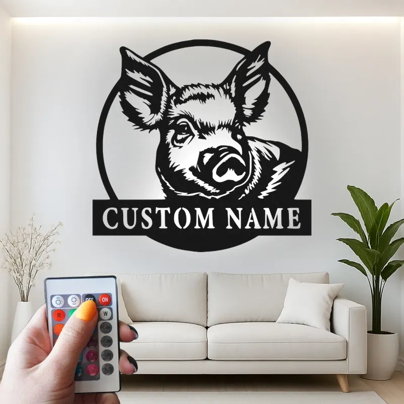 Cartel LED de retrato de cerdo personalizado | Decoración de granja personalizada | Arte mural de metal rústico para granero o hogar de campo moderno