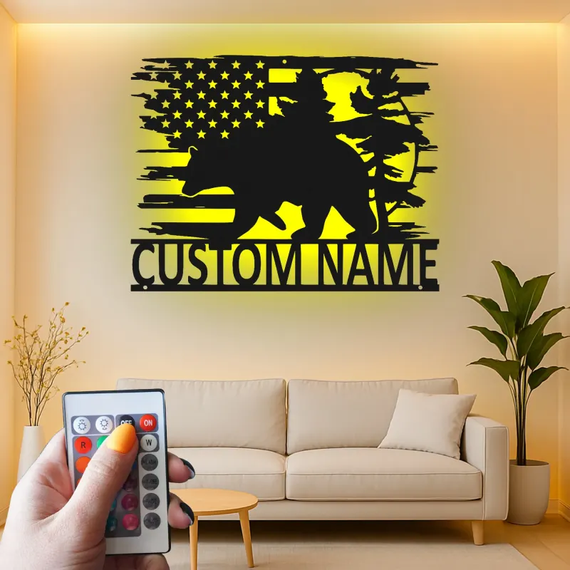 Custom Bear and American Flag Led Light Metal Wall Art Personalized Gift for Nature Lovers Rustic Cabin Decor