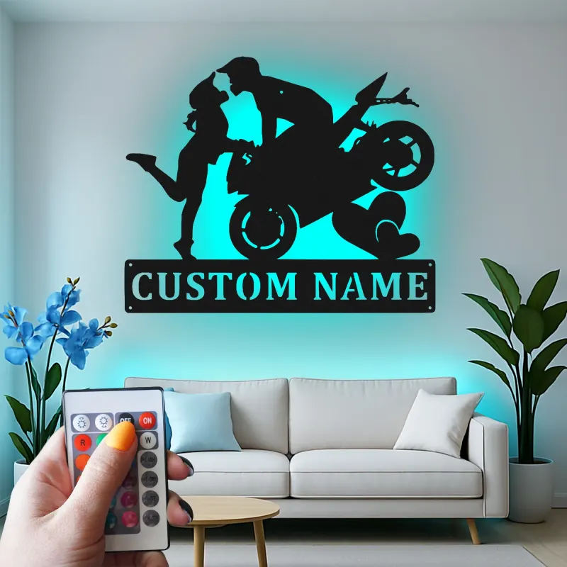 Panneau en métal moto personnalisé | Art LED pour couples de motards | Décoration murale romantique pour chambre et garage