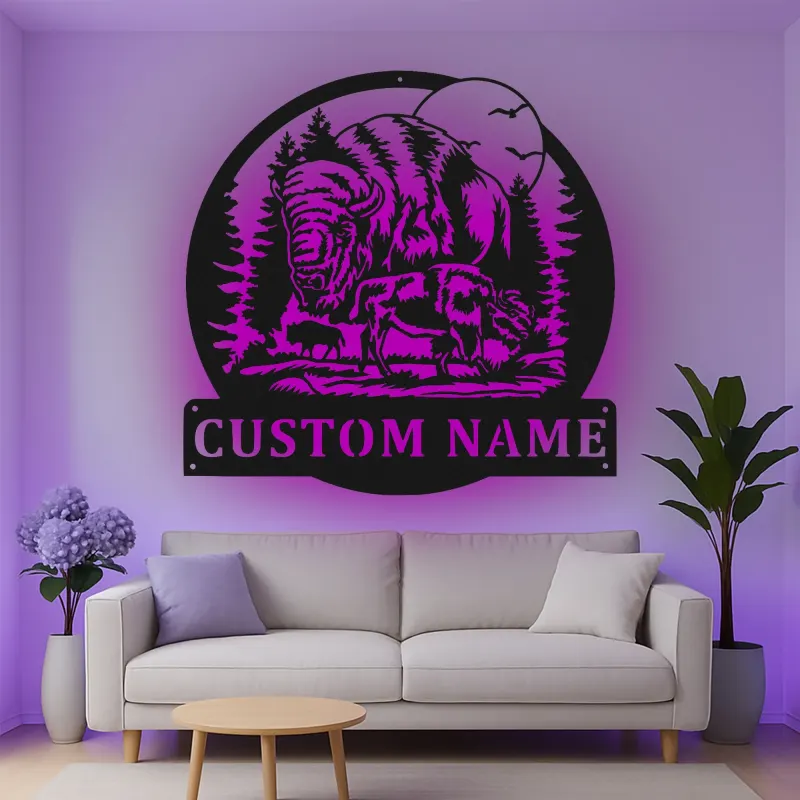 Insegna in metallo LED personalizzata con bisonte e famiglia - Regalo per amanti della natura - Decorazione rustica per cabin