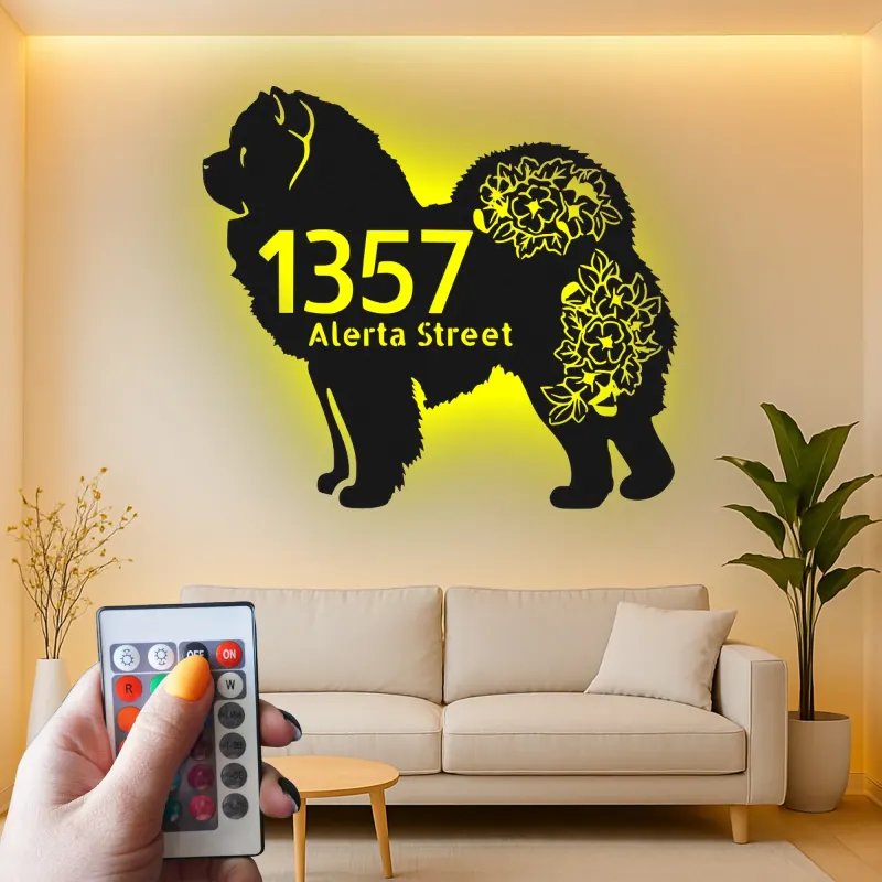 Insegna in metallo LED personalizzata Chow Chow, regalo per amanti dei cani, decorazione per indirizzo esterno