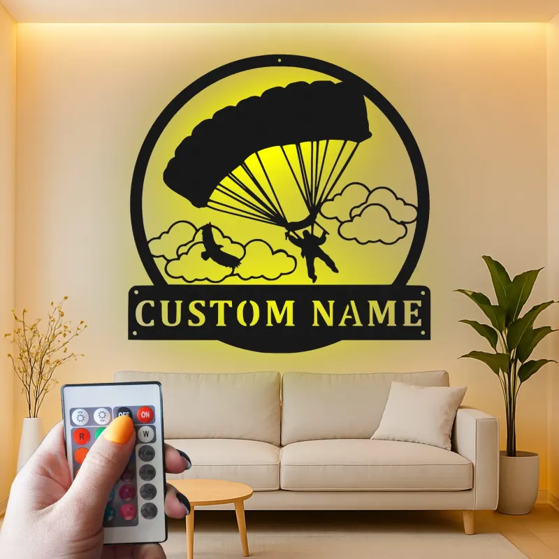 Personalisierte Skydiving LED-Leuchte | Individuelles Metallschild | Beleuchtete Fallschirmspringer-Silhouette | Geschenk für Abenteuerliebhaber