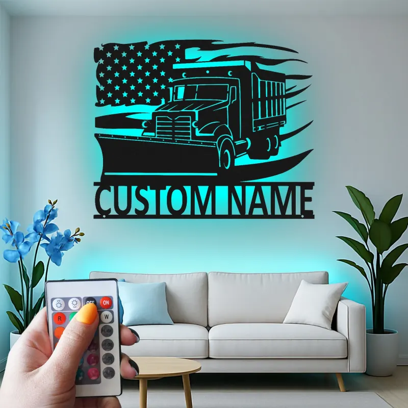 Insegna per Camion Spazzaneve Personalizzata | Arte da Parete in Metallo LED | Decorazione per Attrezzature Pesanti con Bandiera Americana | Regalo per Autista di Rimozione Neve