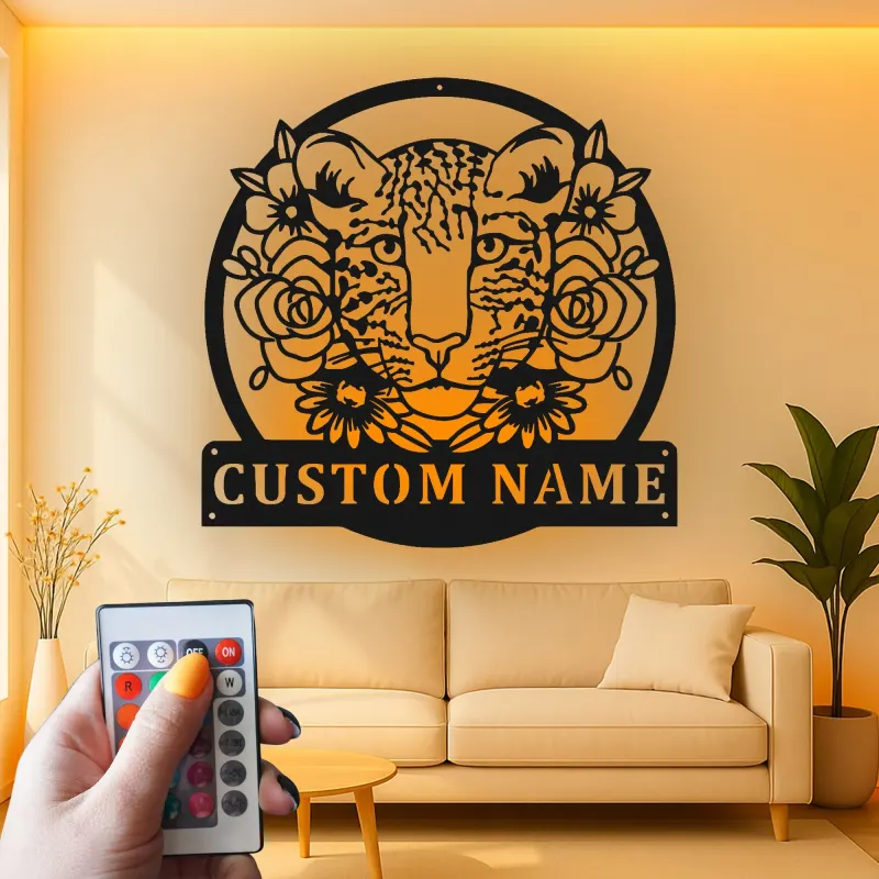 Personalisierte Tigerkopf LED-Leuchte | Florale Metall-Wandkunst | Dschungel-Kinderzimmer Dekoration | Individuelles Geschenk für Tierliebhaber