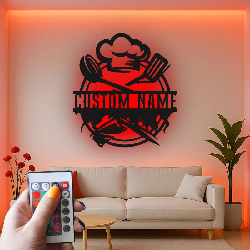 Personalisiertes Metall-Wandbild mit Kochmütze und LED-Beleuchtung – Küchen-Geschenk mit Namen