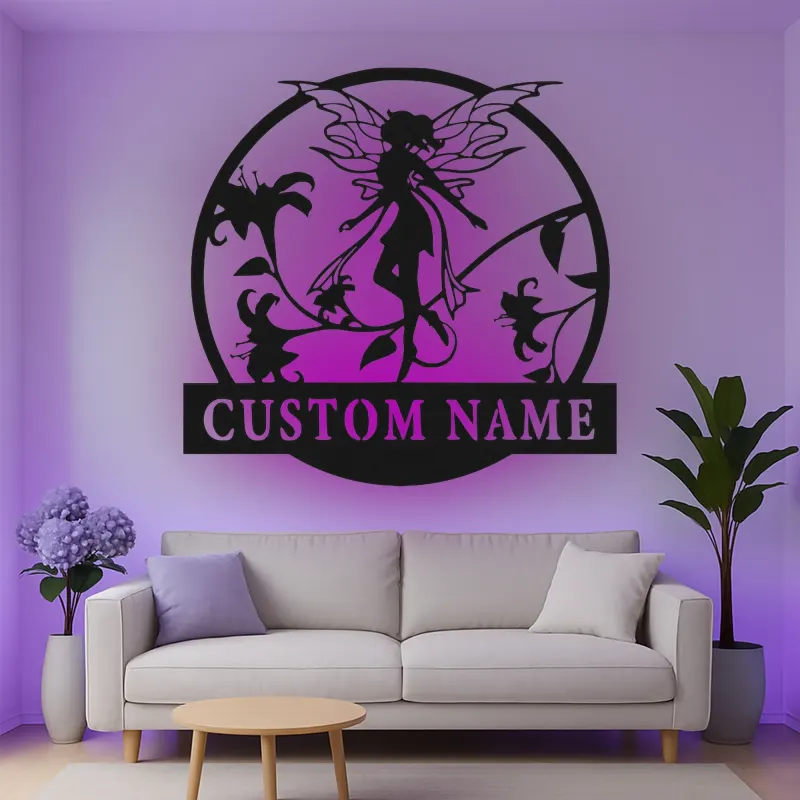 Insegna in metallo LED a forma di silhouette di fata personalizzata - Regalo per amanti delle fate, decorazione incantevole per camera da letto