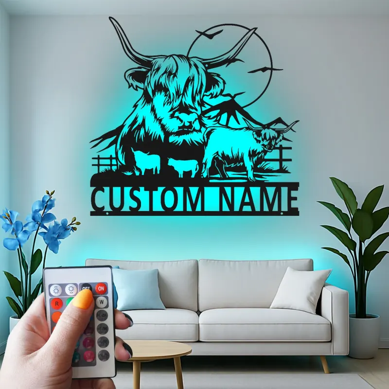 Highland Cow Metal Wall Art | Custom LED Sign for Farmhouse Decor | Personalized Ranch Home Gift for Cow Lovers