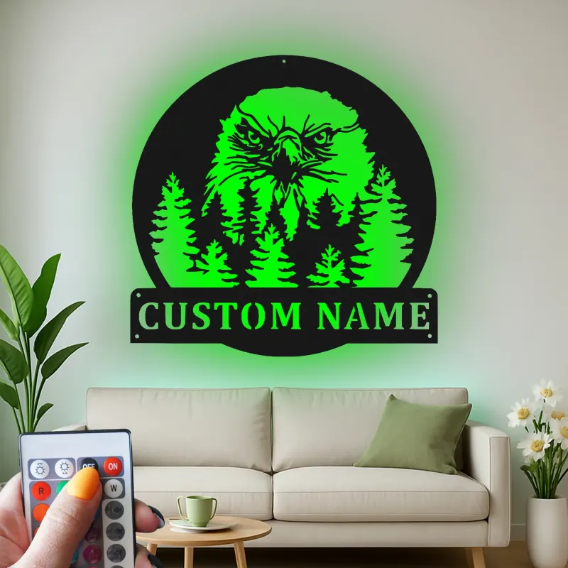 Cartel de metal LED personalizado de águila en el bosque, regalo para amantes de la naturaleza, decoración rústica de cabaña