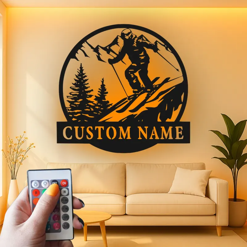 Custom Skiing Led Light Metal Wall Art Personalized Gift for Skiers Mountain Lodge Decor