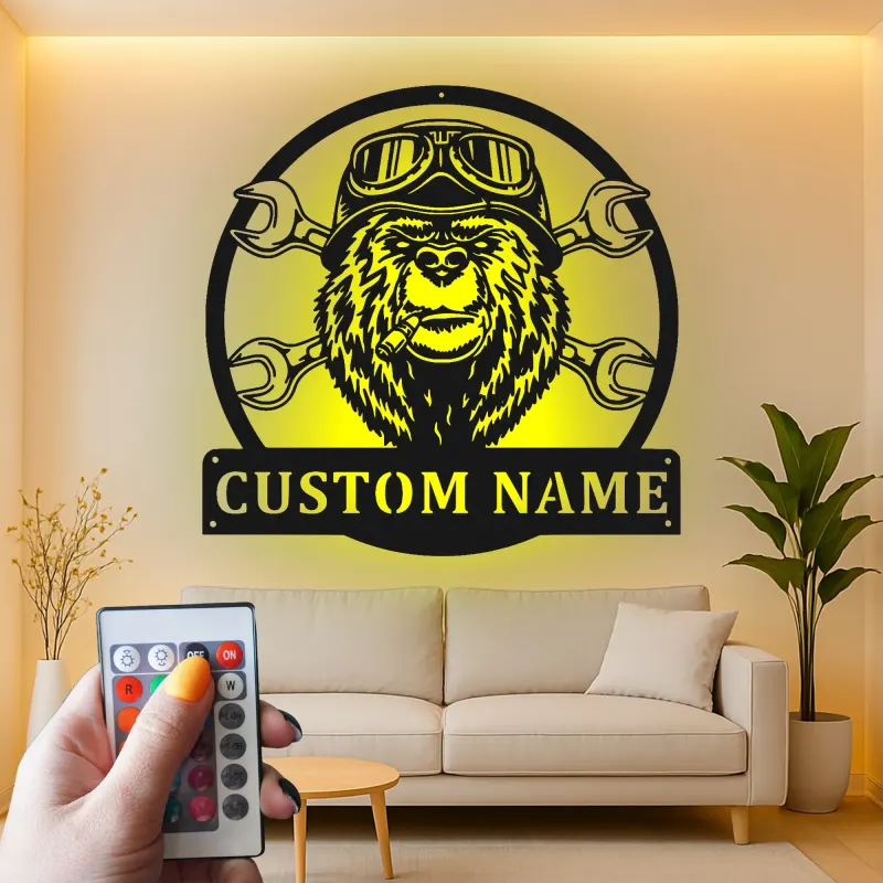 Arte da parete LED in metallo con gorilla meccanico | Insegna personalizzata per garage o officina | Regalo personalizzato per meccanici