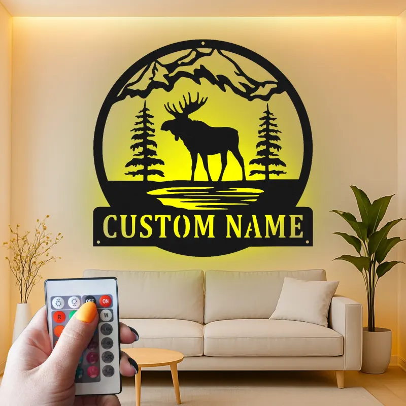 Cartel de metal personalizado con alce | Arte LED de fauna personalizado para cabaña y lodge | Regalo rústico para amantes de la naturaleza