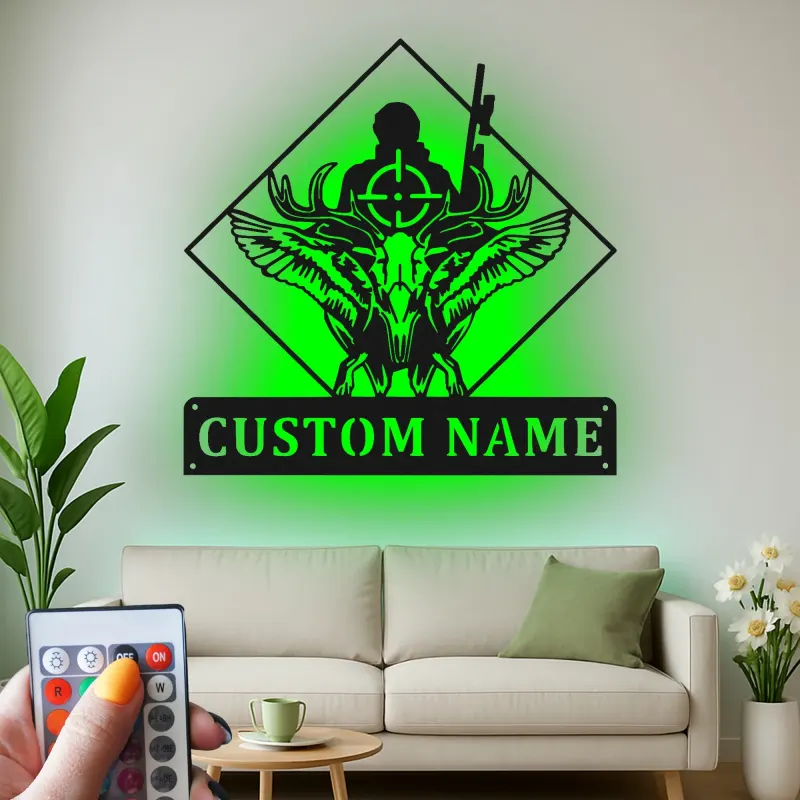 Enseigne LED personnalisée chasseur et crâne de cerf | Décoration murale en métal sur mesure pour chalet | Cadeau de chasse pour homme