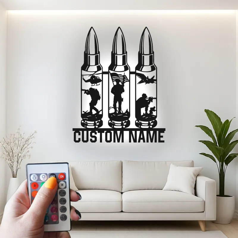 Personalized Soldier Silhouette LED Sign | Custom Military Metal Wall Art | Patriotic Veteran Tribute | Man Cave Decor With Name