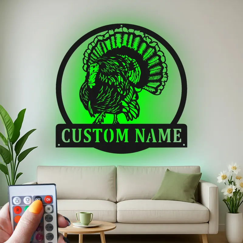 Décoration murale en métal personnalisée avec LED en forme de dinde - Cadeau de Thanksgiving pour la cuisine ou la salle à manger