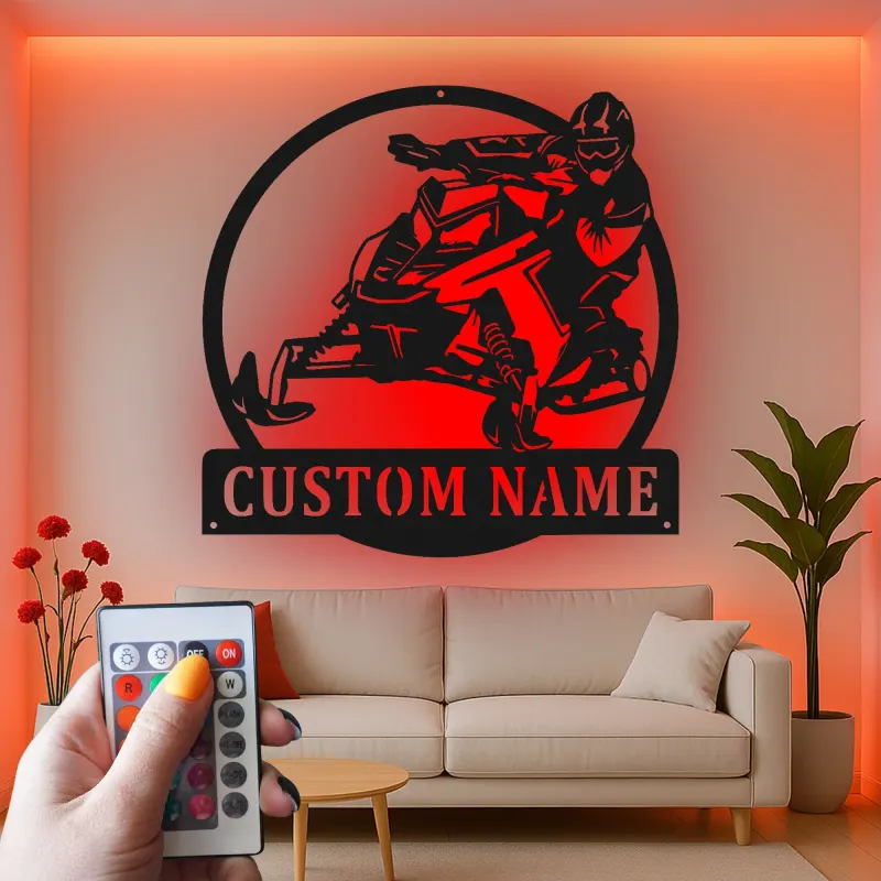 Insegna in metallo personalizzata per motoslitta | Arte murale LED personalizzata | Regalo per appassionati di sport invernali e decorazione per garage