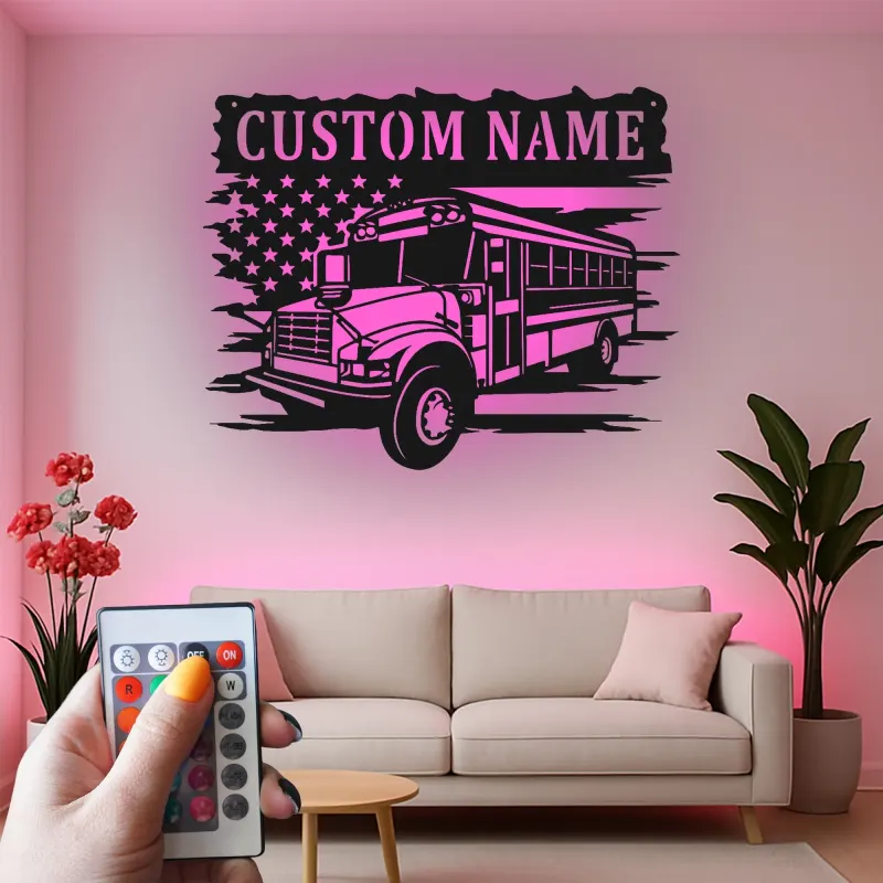Personalized School Bus Driver LED Sign | American Flag Metal Wall Art | Custom Name Gift for Garage or Office Decor