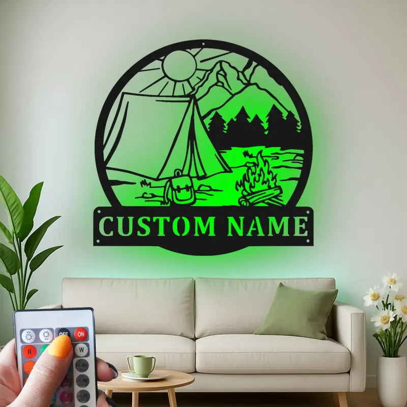 Custom Camping Scene Led Light Metal Wall Art Personalized Outdoor Enthusiast Gift Cabin or RV Decor 3