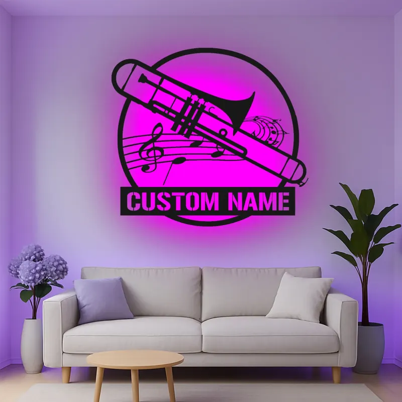 Décoration murale en métal personnalisée avec rétroéclairage LED Trombone - Cadeau pour Musicien - Décor de Salle de Musique pour Amateurs de Trombone