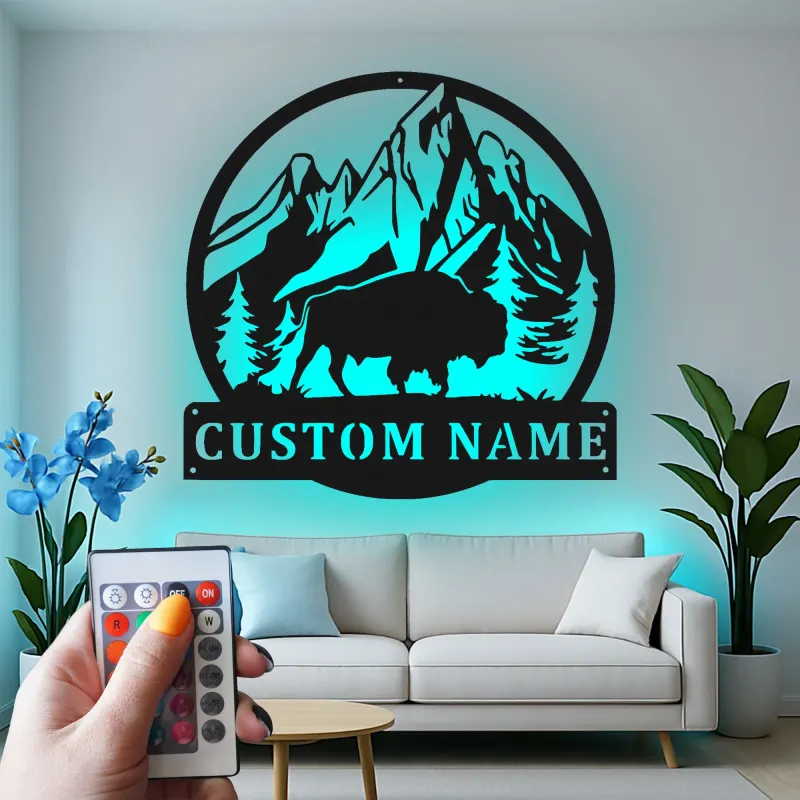 Cartel de metal LED personalizado de Bisonte y Montaña, regalo para amantes de la naturaleza, decoración rústica de cabaña 1