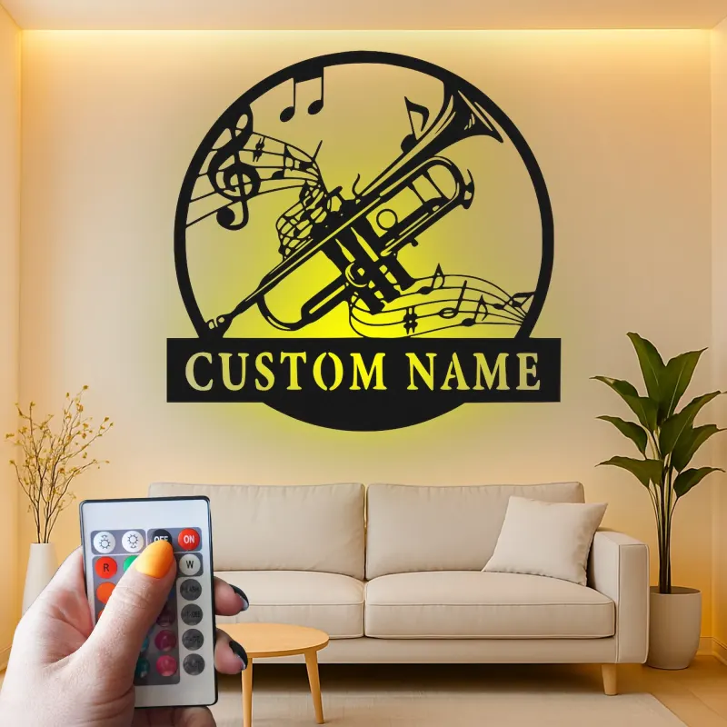 Cartel de metal LED con trompeta y notas musicales personalizado, regalo para músicos, decoración para estudio o sala de música