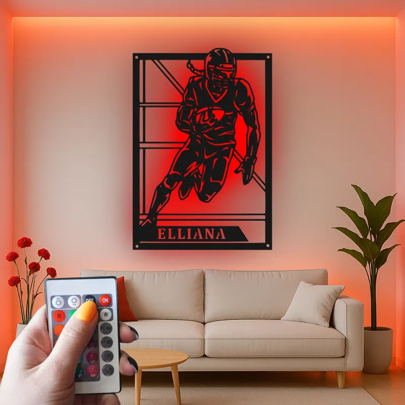 Cartel de metal personalizado de jugador de fútbol americano | Arte mural LED con nombre personalizado | Decoración para sala deportiva, regalo para deportistas