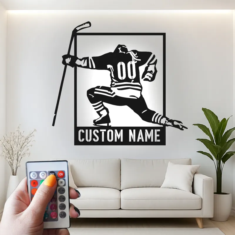 Arte metálico personalizado de jugador de hockey | Cartel LED con nombre a medida para sala de juegos | Regalo para deportista | Decoración para cueva masculina