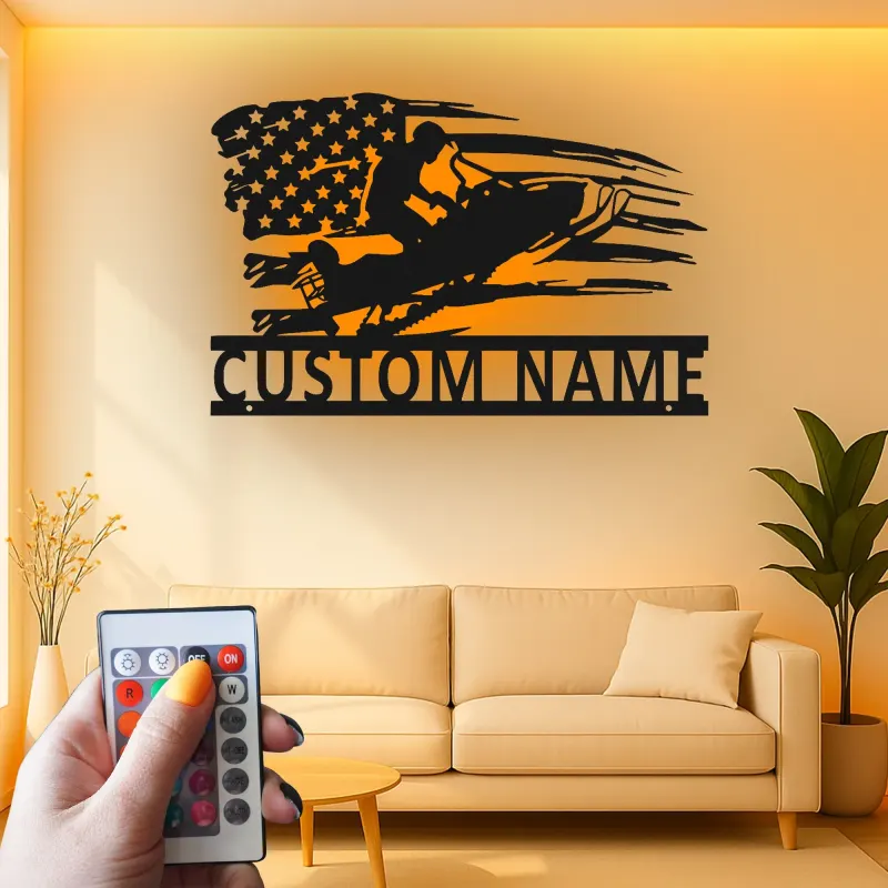 Personalisiertes Schneemobil LED-Schild | Metall-Wandkunst mit amerikanischer Flagge | Individuelle Garagendekoration für Wintersportfans