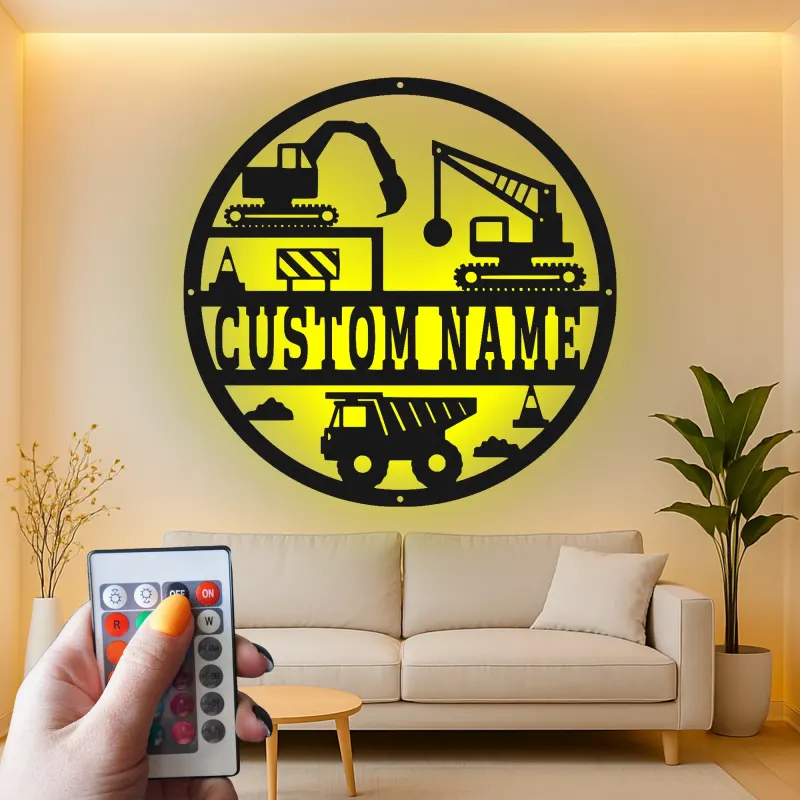 Custom Construction Site Led Light Metal Wall Art Personalized Gift for Kids Bedroom Decor for Little Builders