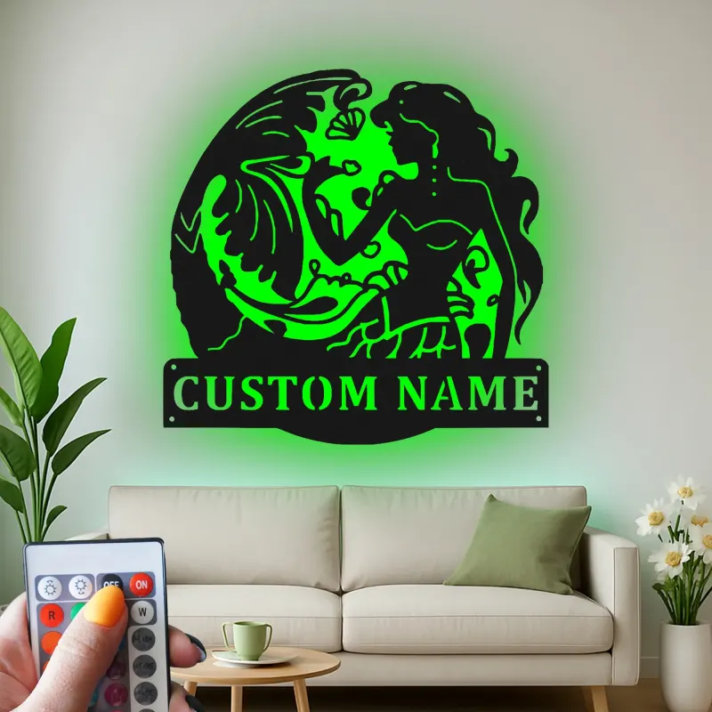 Insegna LED Personalizzata Sirena | Insegna in Metallo Personalizzata | Decorazione Nautica per Casa al Mare o Salone | Accento Costiero con Onda Oceanica