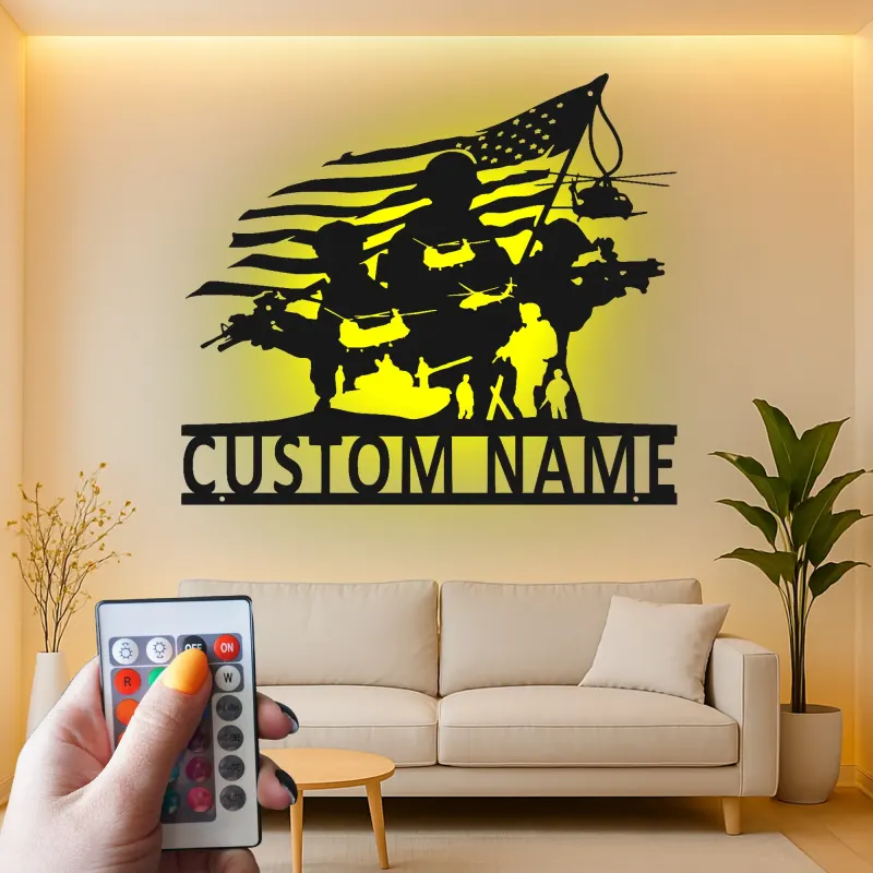 Soldier Silhouette Metal Sign | Custom Military Wall Art with LED | Patriotic Decor for Veterans