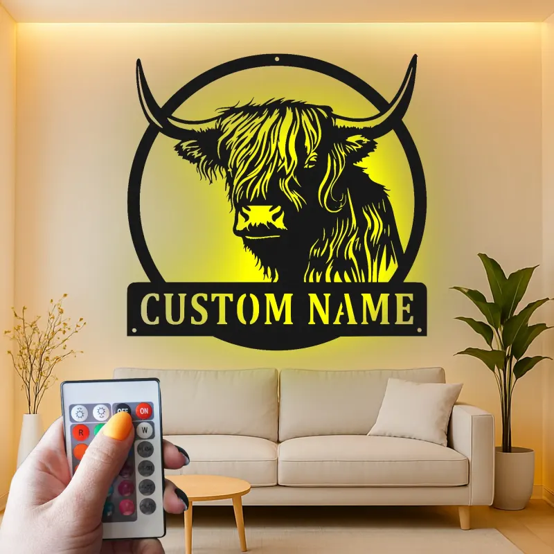 Highland Cow LED Metal Wall Art | Custom Ranch Sign | Personalized Farmhouse Decor Gift for Home & Business