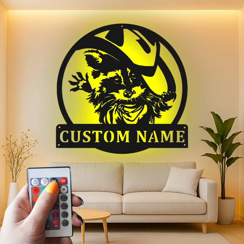 Décoration murale en métal personnalisée Raton laveur cowboy avec rétroéclairage