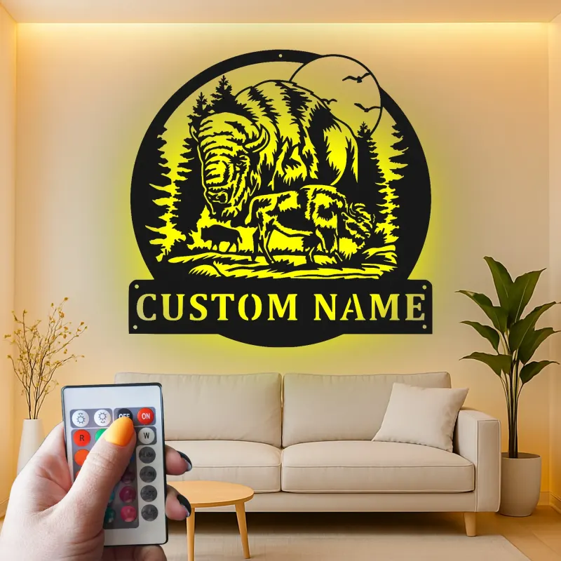 Insegna in metallo LED personalizzata con bisonte e famiglia - Regalo per amanti della natura - Decorazione rustica per cabin