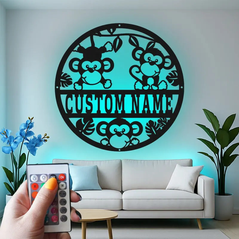 Cartel de nombre de mono personalizado | Arte mural de metal LED para guardería | Decoración de animales de la jungla para la habitación infantil | Regalo de baby shower personalizado