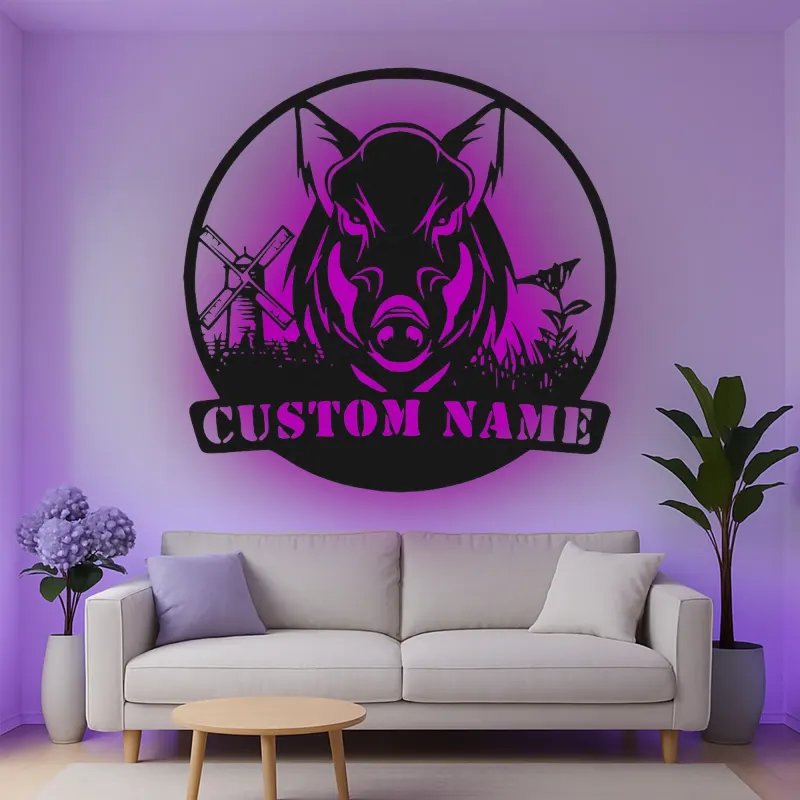 Cartel de metal personalizado con luz LED de jabalí, regalo personalizado para cazadores, decoración rústica de cabaña