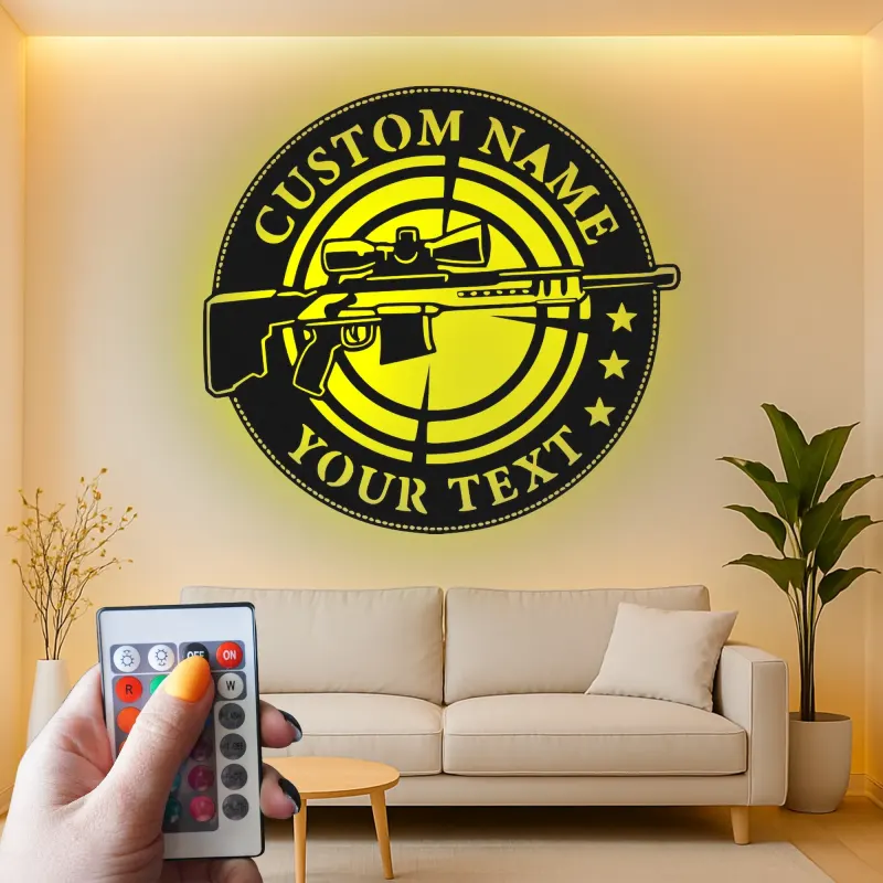 Sniper Rifle LED Metal Wall Art | Personalized Gun Sign for Man Cave | Custom Shooter Gift with RGB Lights