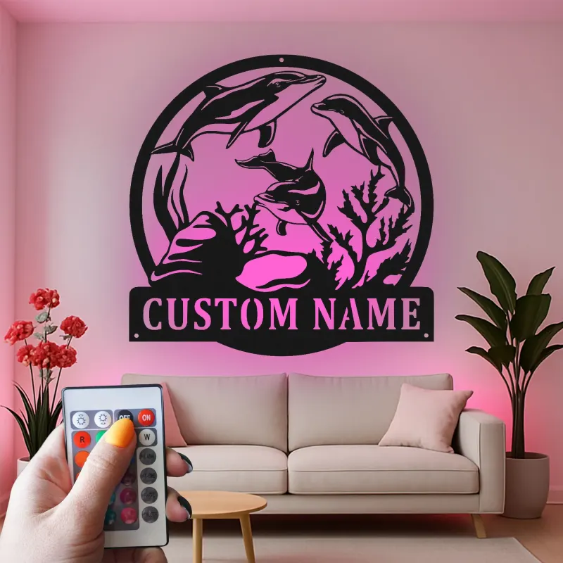 Custom Dolphin Led Light Metal Wall Art Personalized Ocean Lover Gift Nautical Decor for Beach House