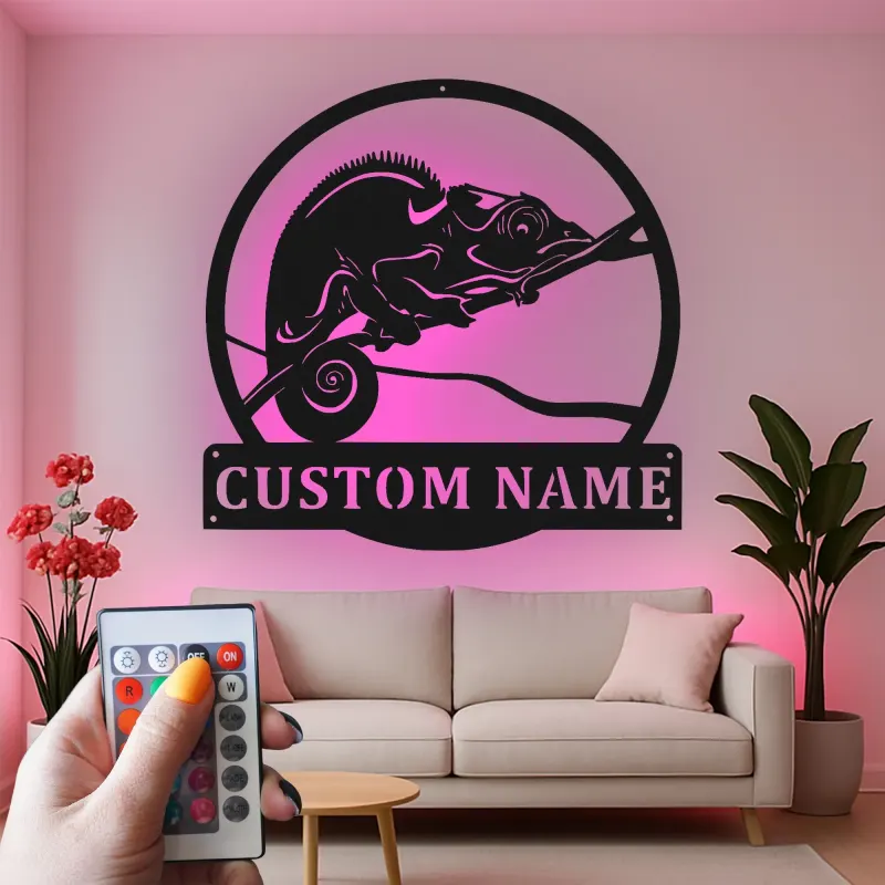 Insegna in metallo personalizzata con luce LED a forma di camaleonte, regalo unico per amanti dei rettili, decorazione per camera da letto