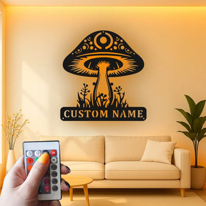 Insegna LED Personalizzata con Fungo | Targa in Metallo Personalizzata | Arte Murale Mistica Boho per Camera da Letto, Studio e Amanti della Natura