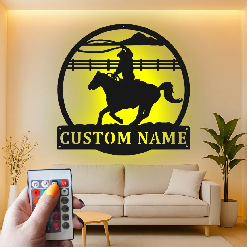 Custom Cowboy Rodeo Led Light Metal Wall Art Personalized Western Gift for Him Ranch Living Room Decor