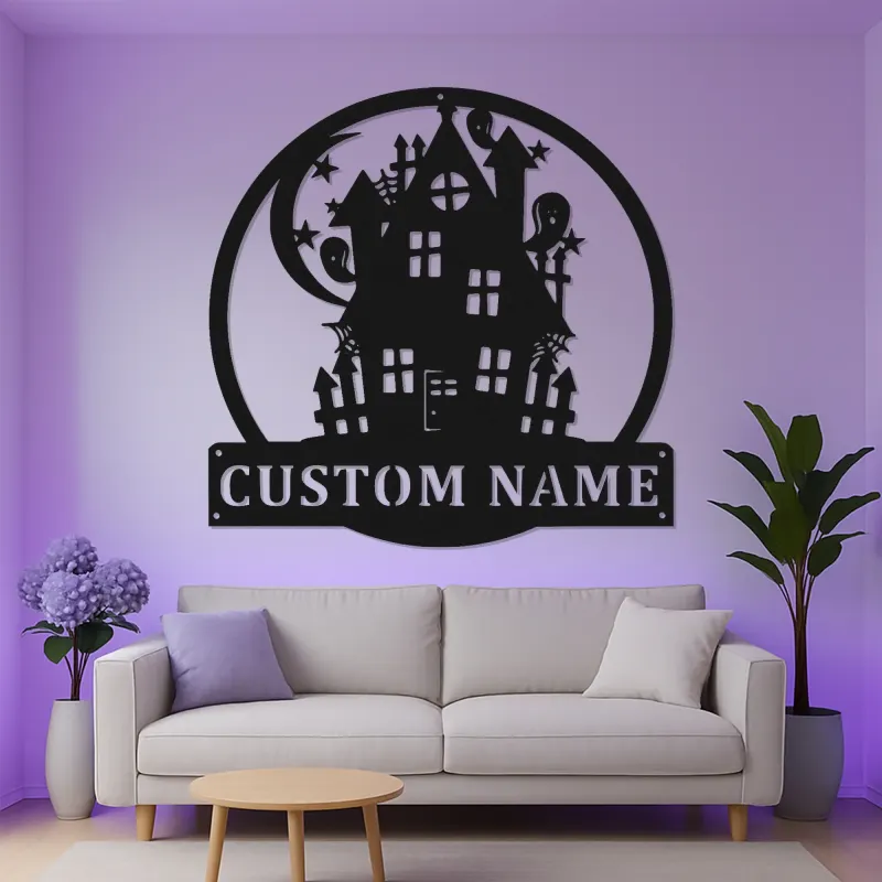 Letrero LED de casa encantada | Decoración mural de metal personalizada | Decoración de Halloween con apellido personalizado | Iluminación espeluznante para exterior y porche
