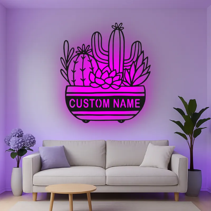 Cartel de metal personalizado con luz LED de suculenta de cactus, regalo de inauguración para decoración del salón del desierto