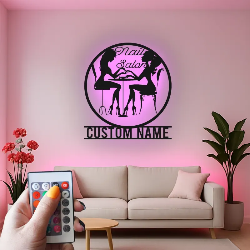 Cartel personalizado para salón de uñas con LED | Decoración mural de metal personalizada para técnicas | Decoración elegante para estudio de belleza