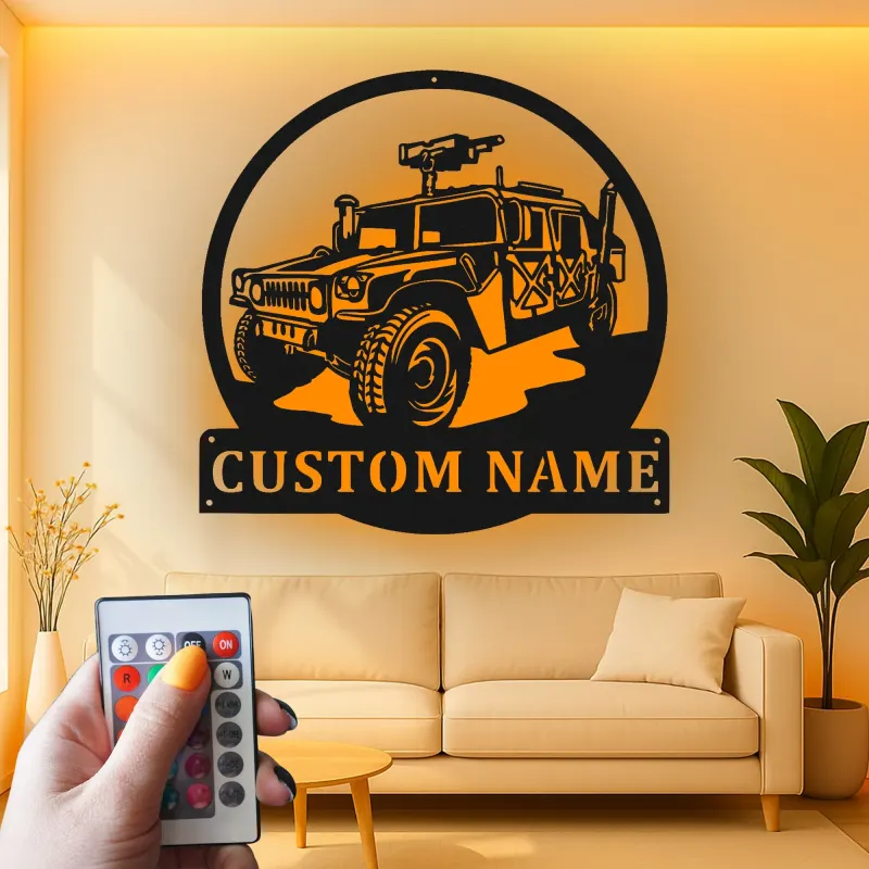 Décoration murale en métal Humvee personnalisée | Signalisation de véhicule militaire avec rétroéclairage LED | Cadeau personnalisé pour vétéran | Décor de garage Man Cave
